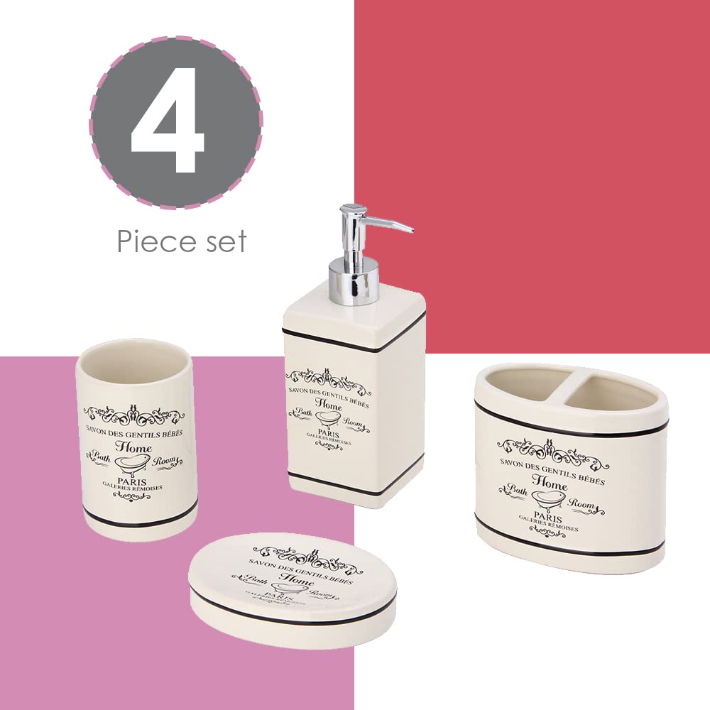 Home Basics Paris Collection 4 Piece Bathroom Accessories Set Featuring A Soap Dispenser, Toothbrush Holder, Tumbler, And Soap D