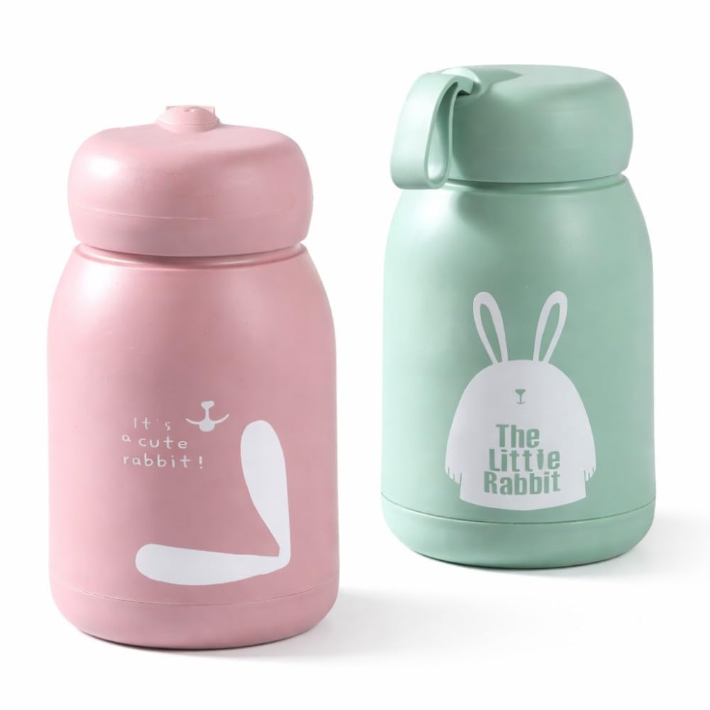 Aavrix Rabbit Design Cartoon Kids Bottle 330 Ml Set Of 2 | Cute Printed School Bottle With Handle | Compact Portable Bottle For 
