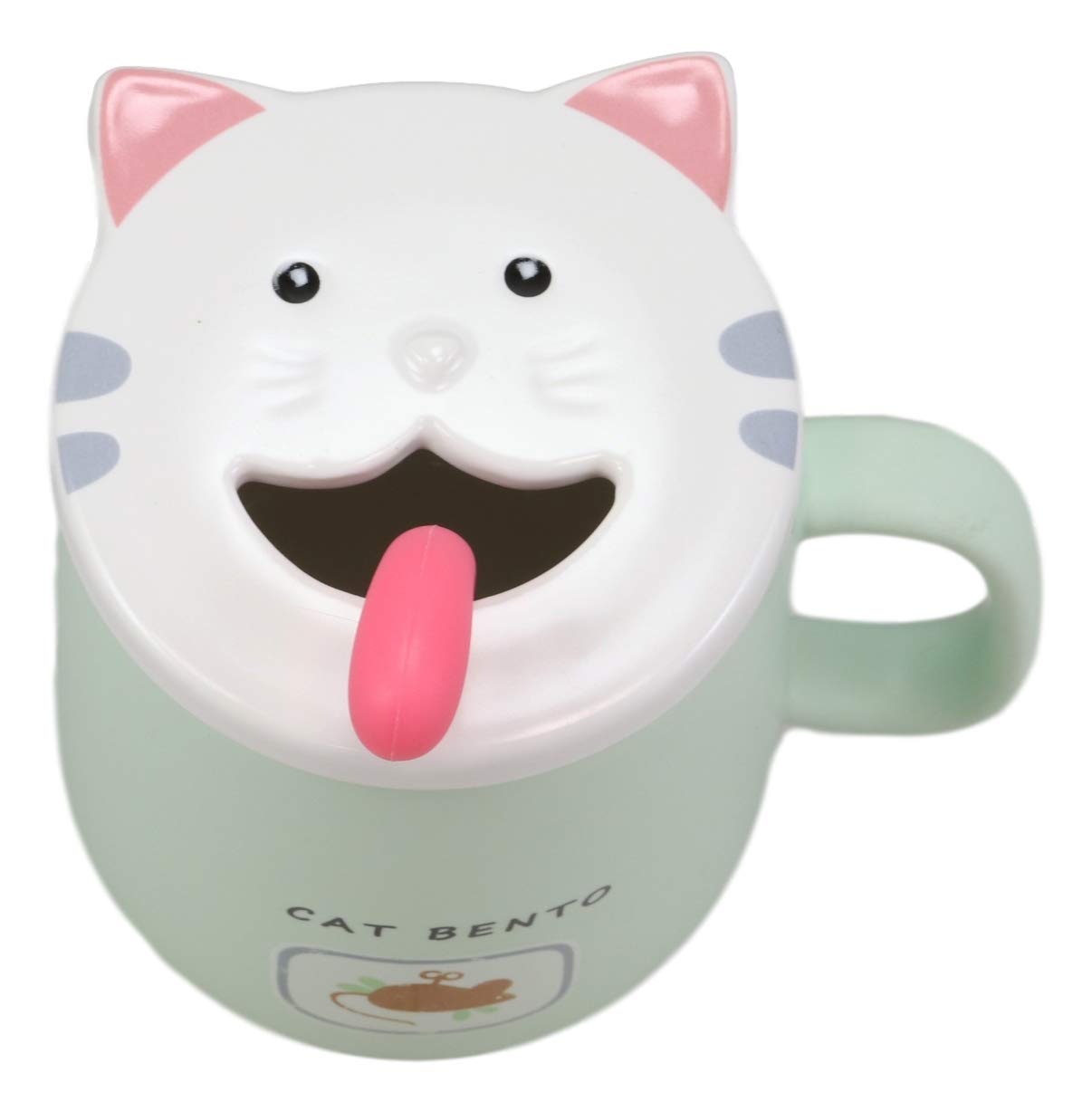 Ebros Whimsical Kitty Cat Bento Porcelain Coffee Tea Mug Drink Cup With Tongue Shaped Handle Spoon And Smiling Face Lid 14oz Kit