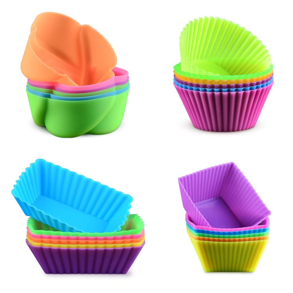 Silicone Baking Cups Cupcake Liners - 24Pcs Reusable Silicone Molds Including Round  Rectanguar  Square  Flower BPA Free Food Grade Silicone