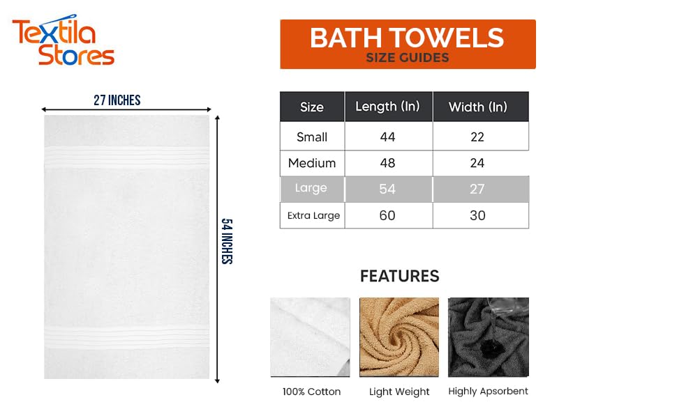 Textila 100% Cotton Large Bath Towels - 27X54 (4-Pack, White) - Highly Absorbent, Super Soft, And Luxurious For Bathroom, Pool,