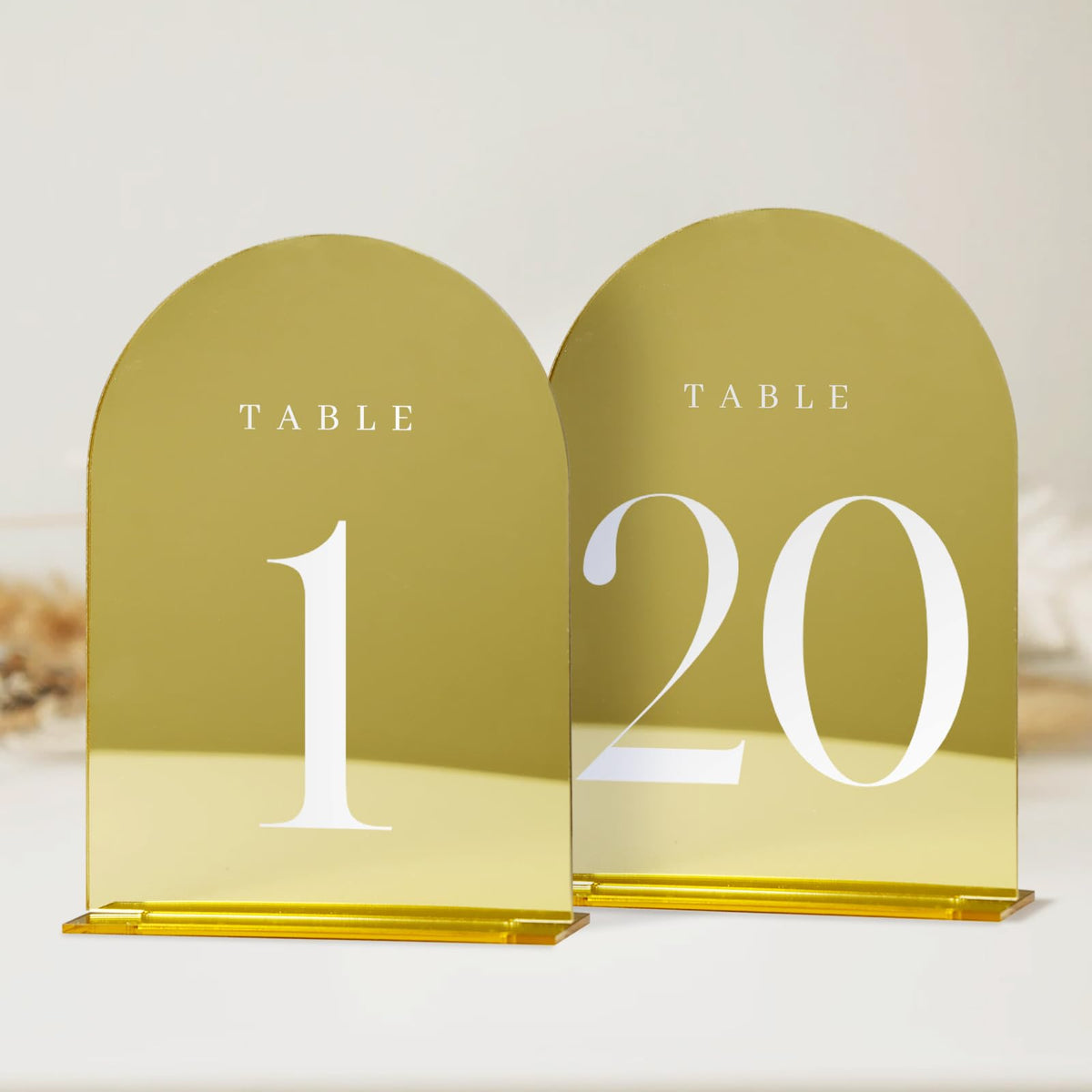 Jinmury Gold Mirror Table Numbers 1-20 With Stands, 20 Pack 5X7'' Gold Acrylic Arch Sign With Stand Gold Mirror Acrylic Arch Tab