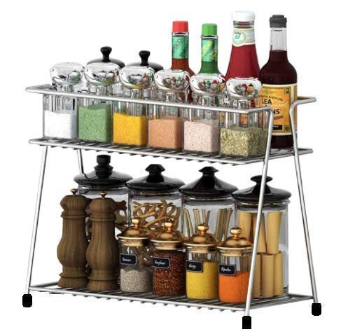 Cr18 Collection Big Size Stainless Steel 2 Layer Spice Rack | Modular Kitchen Storage Organizer | Multipurpose Shelf, Silver