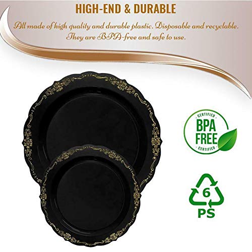Kaya Elegant Black & Gold Vintage Round Disposable Dinner Plates - 10'' (Packs Of 10), Stylish Design, Perfect For Any Occasion