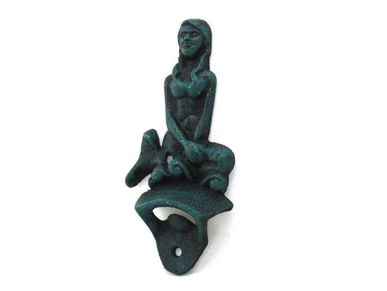 Hampton Nautical Seaworn Blule Wall Mounted Mermaid Bottle Opener 6''-Vintage Cast Iron Decor-Sea Life