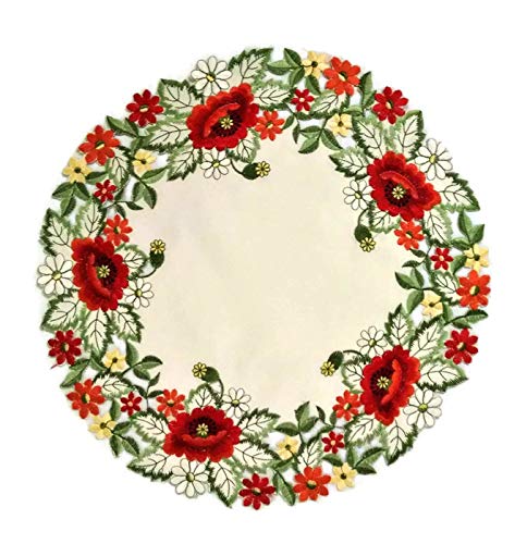 Doily Boutique Round Doily With Red Poppy Flowers On Antique White Material, Size 23 Inches