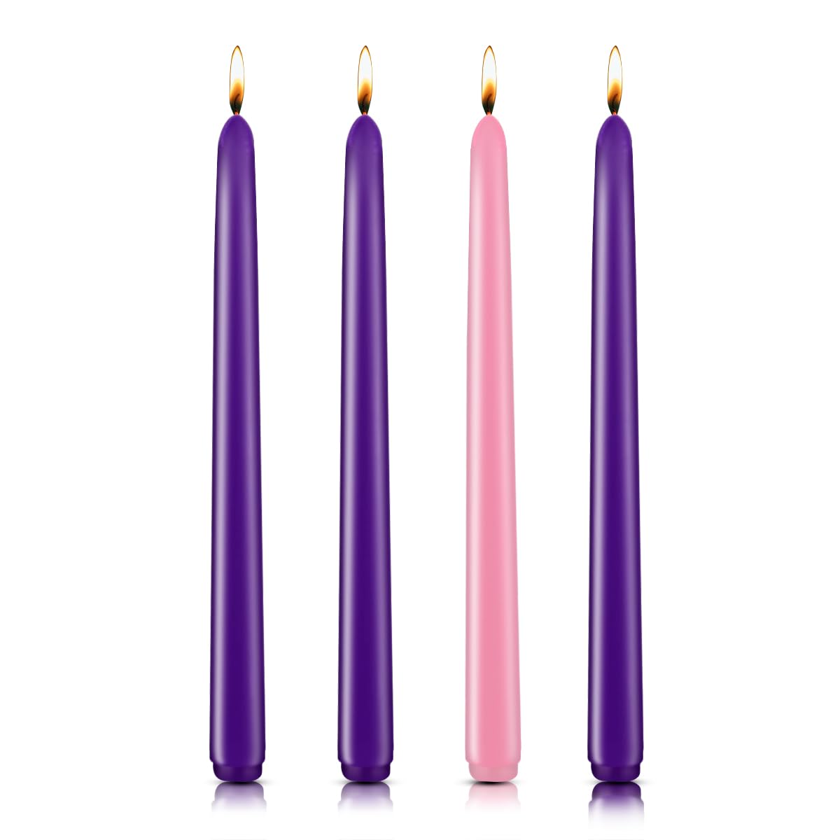 Set of 4 Advent Taper Candles with 7/8 inch Base, Dripless and Unscented 10 Inch Tall Purple and Pink Colored Skinny Christmas W