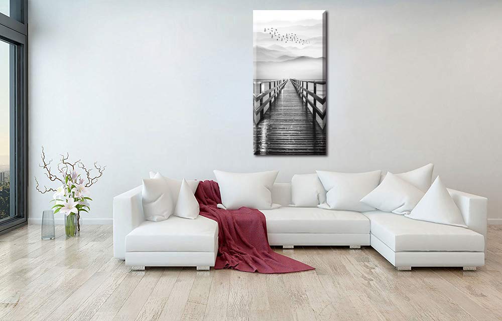 Lake Wall Art For Aisle Corridor, Piy Black And White Pier With Birds Flying Canvas Prints Decor, Vertical Calm Wharf Mountain L