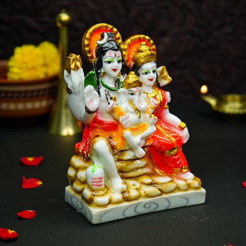 Ekhasa Hand Painted Shiv Parivar Murti (5 Inch) | Marble Dust Shiv Parvati Murti For Pooja Room, Home Decor & Office | Resin Shi