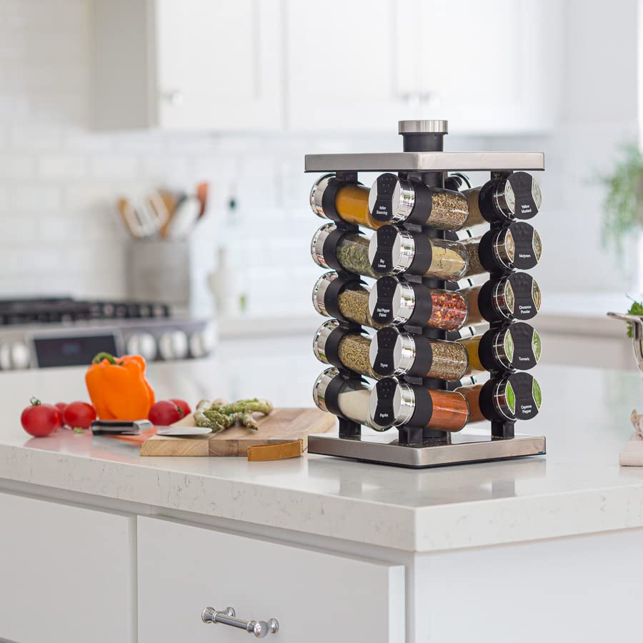 Orii 20 Jar Spice Rack with Spices Included - Tower Organizer for Kitchen Spices and Seasonings  Free Spice Refills for 5 Years (Silver Black)