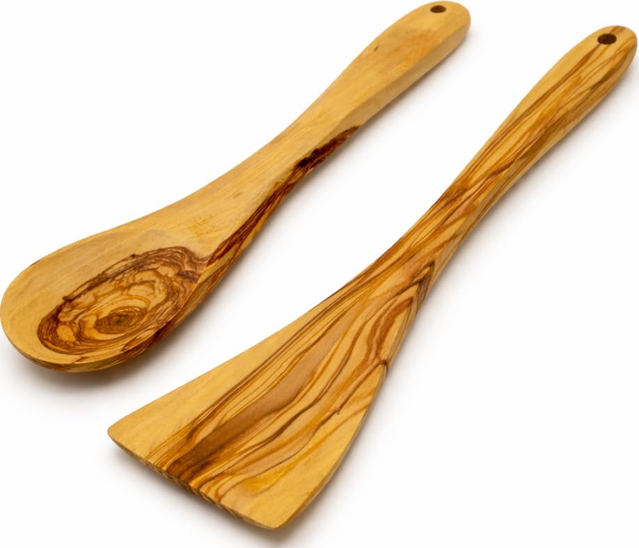 Zuluf Olive Wood Spoon And Spatula Set 10 Inch, Handcrafted Wooden Cooking Utensils From Bethlehem, Natural Smooth Grain Kitchen