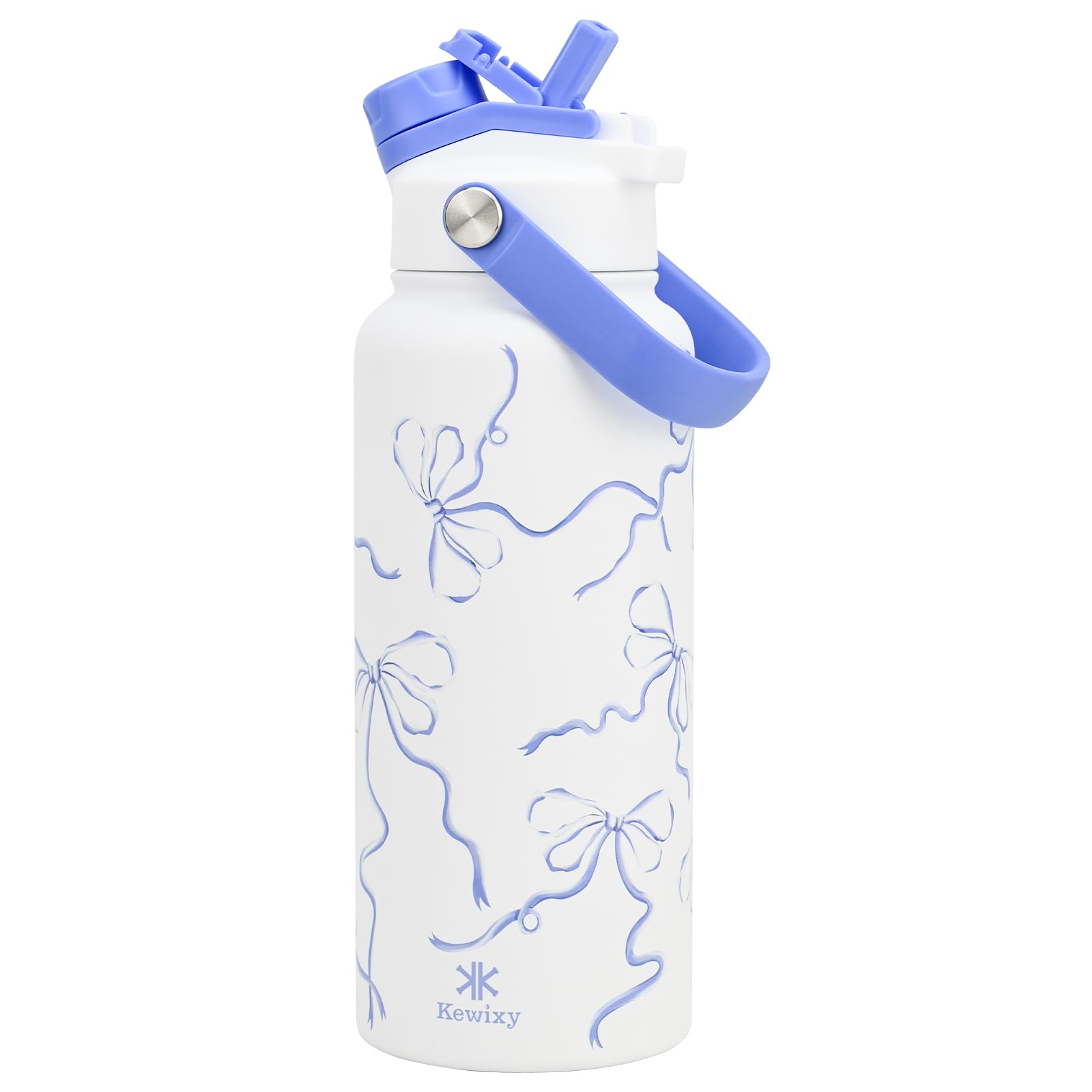 KEWIXY 32 oz Bow Water Bottle, 2in1 Lid, Straw & Spout with Protected, Leak Proof, Keep Cold, Stainless Steel, Metal, Reusable