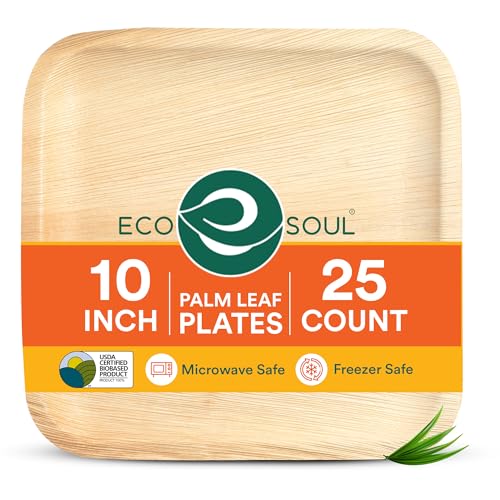 Eco Soul [10 Inch, 25Pack] Areca Palm Leaf Square Plates | Disposable EcoFriendly Biodegradable Like Bamboo Wood Plates | Part