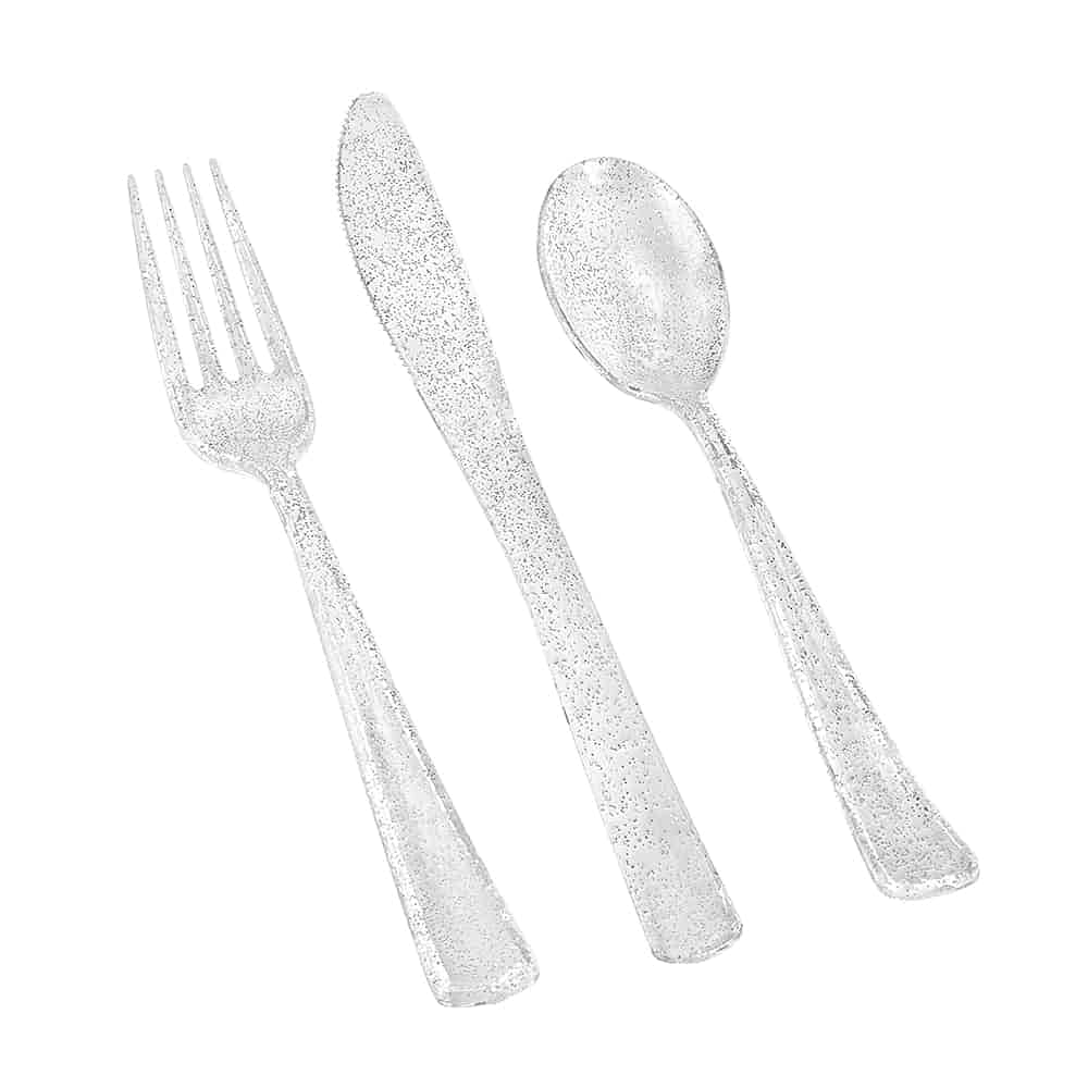 Lillian Collection Unique Glitter Silver Premium Plastic Cutlery Combo - Packs Of 48 - Perfect For Upscale Events & Parties