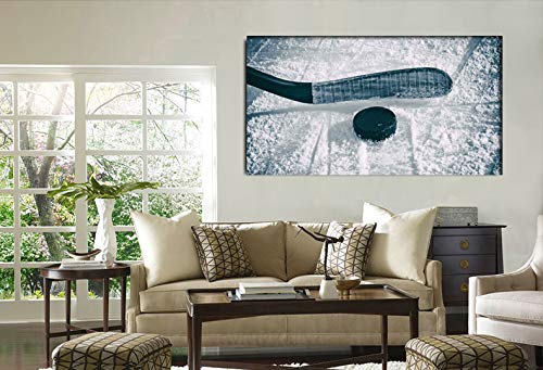 Canvas Wall Art- Hockey Puck And Stick Sliding Across The Ice - Long Canvas Art Picture Print Framed For Home Decor - 20''X40''