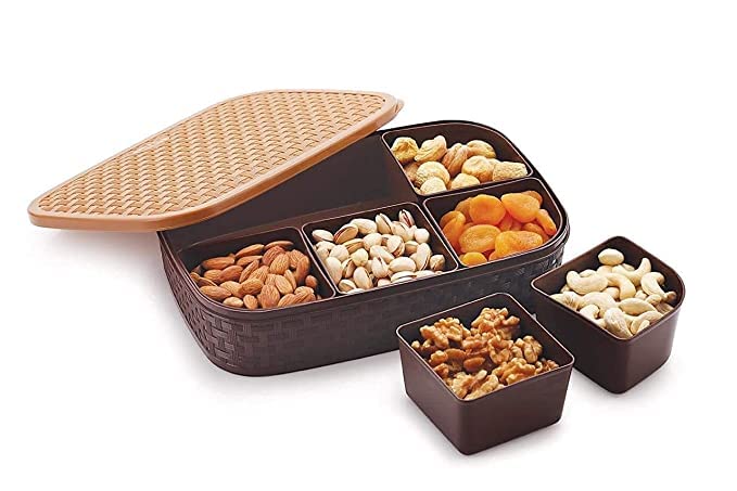 Mirim Plastic Dry Fruit Box With 6 Partition With Lid 1000 Ml, Brown