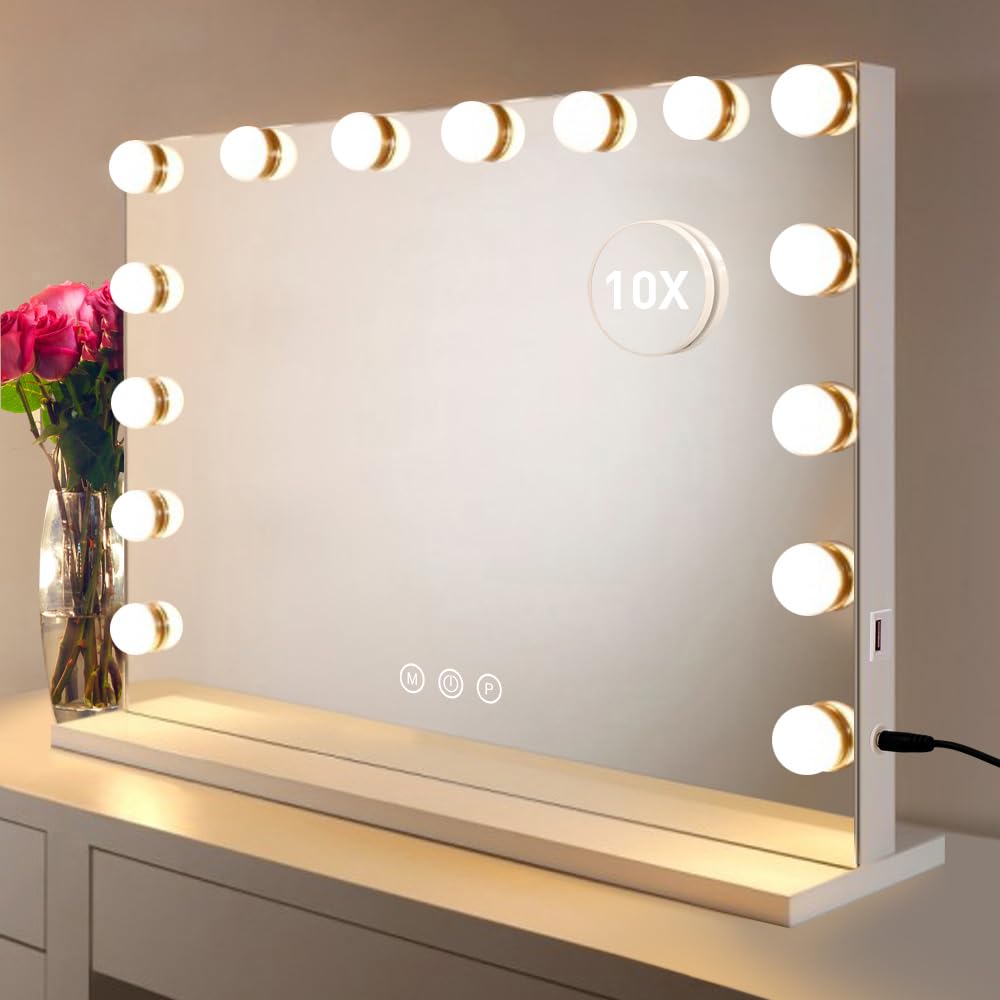 Hompen Vanity Mirror Makeup Mirror With Lights,Large Hollywood Lighted Vanity Mirror With 15 Dimmable Led Bulbs,3 Color Modes, T