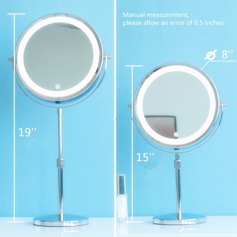 Hihia Lighted Tabletop Makeup Mirror 8 Inch Double-Sided 7X Magnification, Desk Mirror With Pedestal For Shaving, Height Adjusta