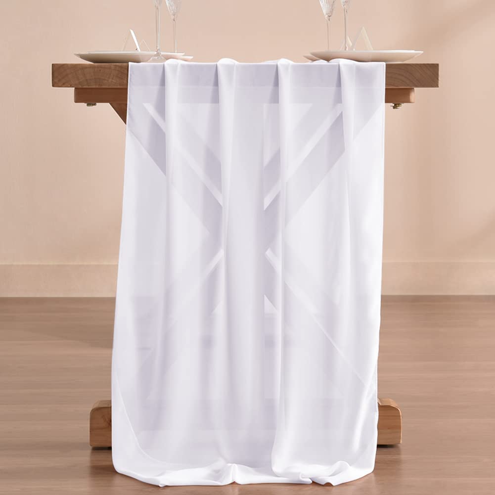 Socomi 10Ft White Chiffon Table Runner 29X120 Inches Wedding Runner Sheer Thanksgiving Christmas Bridal Shower Decorations
