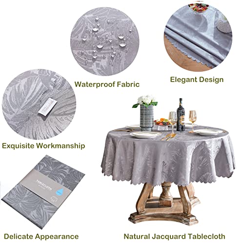 Efficinature Round Tablecloth Grey Table Cloth Leaves Pattern Scalloped Edge Silky Soft Waterproof Washable 50 Inch Fabric Table