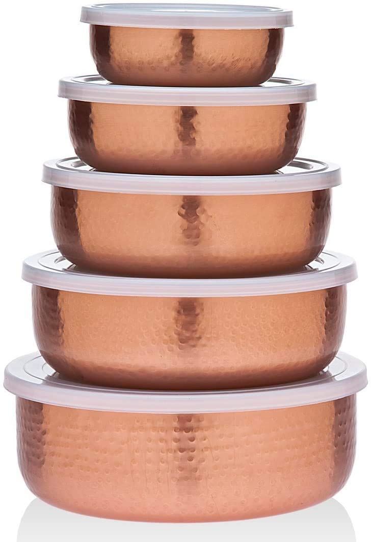 Godinger 5 Piece Hammered Copper Plated Stackable Storage Bowl Set With Airtight Lids