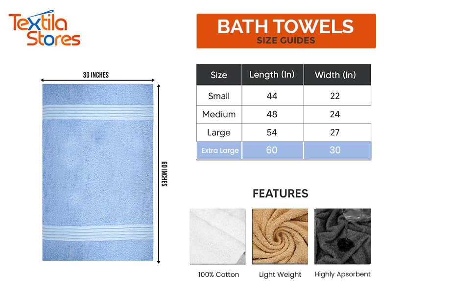 Textila 100% Cotton Extra Large Bath Towels - 30X60 (4-Pack, Blue) - Highly Absorbent, Super Soft, And Luxurious For Bathroom, P
