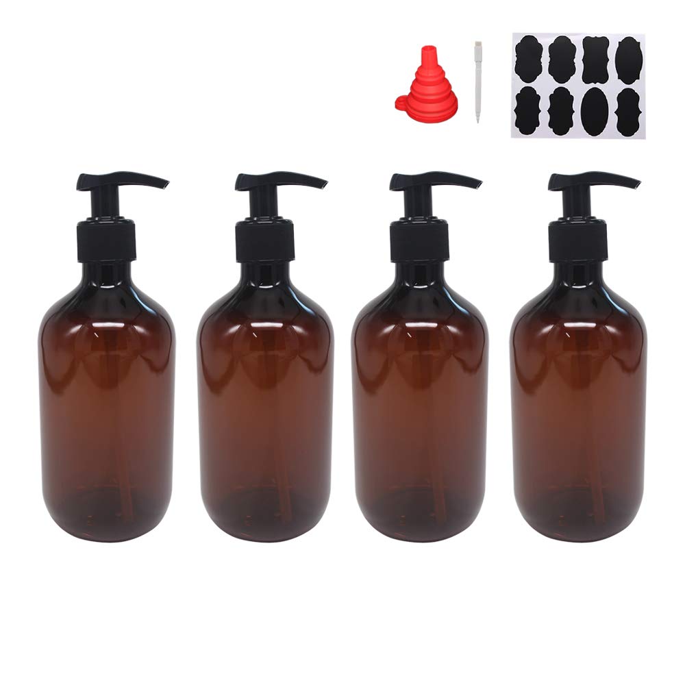 4 Pack 16 Oz Empty Plastic Pump Lotion Bottles With 1 Pen, Labels & Silicone Funnel, Amber Color Lotion Dispenser With Locking P