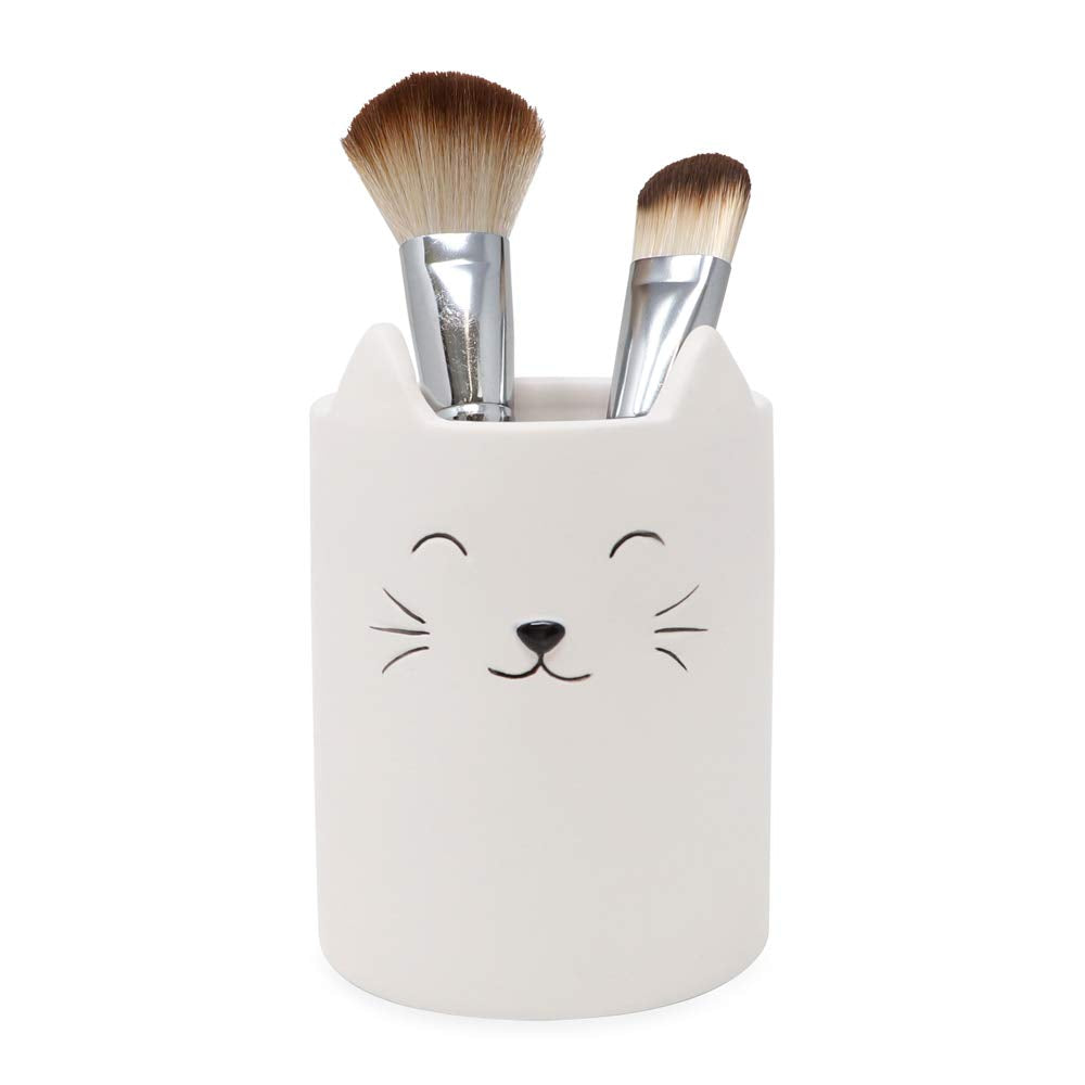 Isaac Jacobs White Ceramic Cat Makeup Brush Holder, Multi-Purpose Cup Organizer. Bathroom, Kitchen, Bedroom, Office D  Cor (Sing