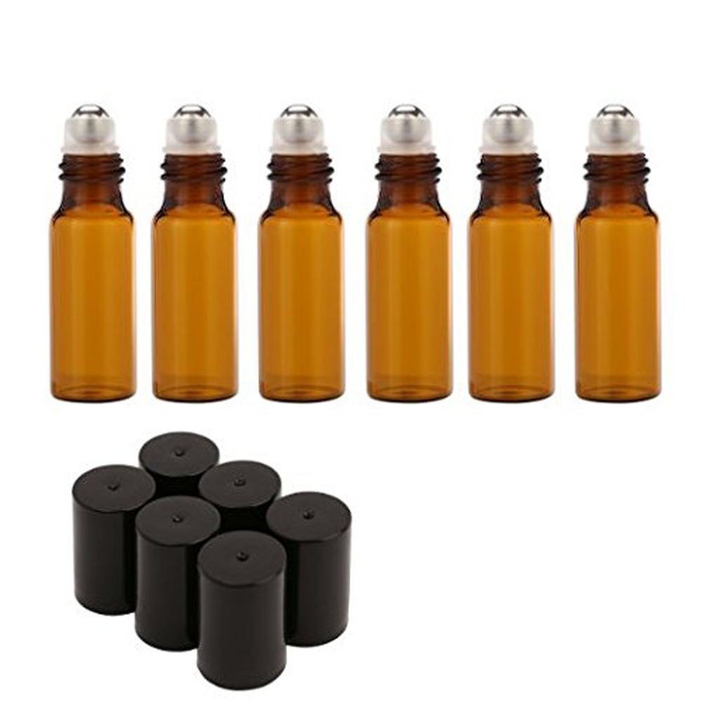 Esowemsn 12Pcs 5Ml Amber Empty Glass Roll-On Bottles With Stainless Steel Roller Balls And Black Cap For Essential Oil Perfumes
