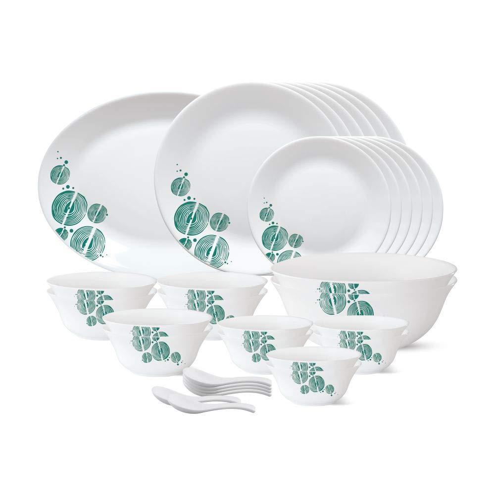 Borosil Larah  Tiara Series, Floral Woodstock, 33 Pcs, Opalware Dinner Set, White