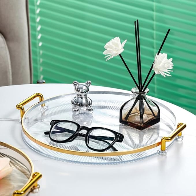 Luteti Round Decorative Tray With Handle, Modern Vanity Tray & Ottoman Serving Tray, Coffee Table, Kitchen & Bathroom For Coffee