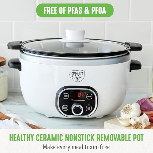 GreenLife 6QT Slow Cooker, PFAS-Free Ceramic Nonstick, Programmable, White, Model CC004774-001, Dishwasher Safe, Keep Warm Feature