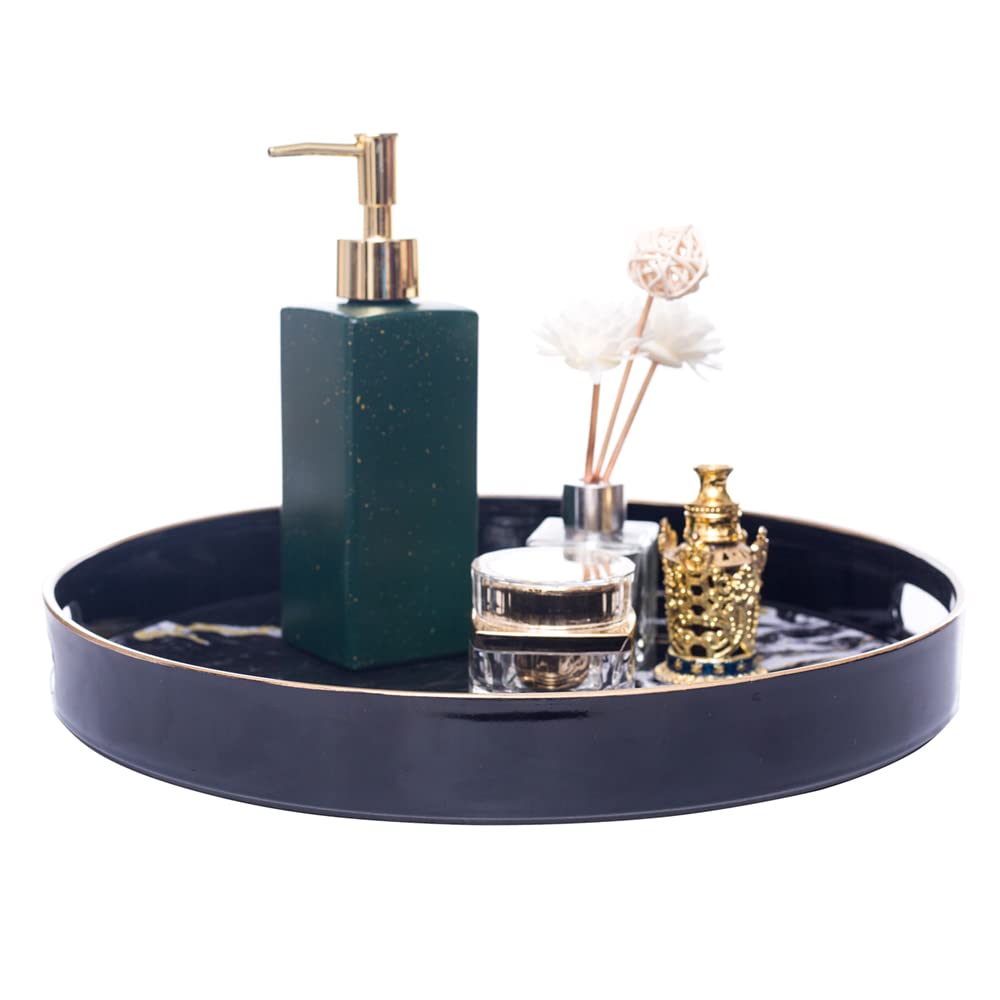 MAONAME 13'' Round Decorative Tray  Marbling Plastic Tray with Handles  Coffee Table Tray and Serving Tray for Ottoman  Kitchen  Bathroom  Black