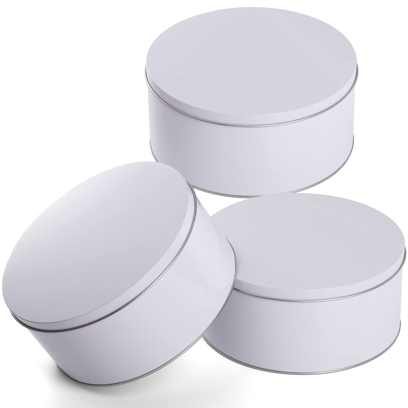 Yopay 3 Pack Cookie Tin With Lid, Round Sturdy Gift Tin, White Baking Cake Container For Storing Patisseries, Snack, Chocolate,