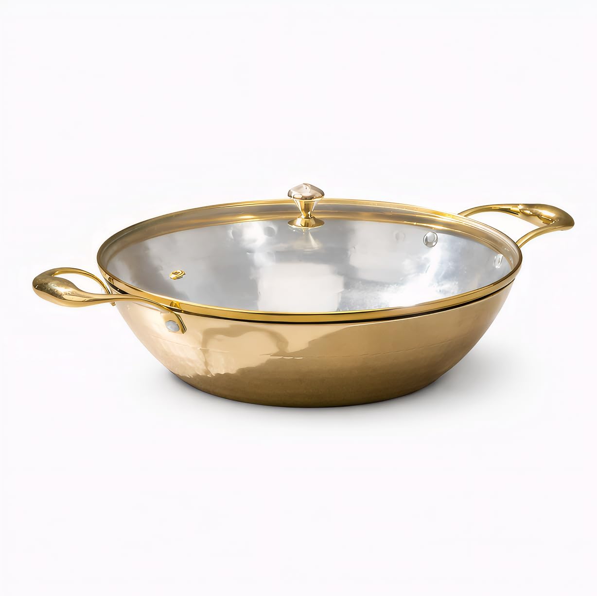 P-Tal Brass Kadhai Flat Base 3L With Insulated Heat-Resistant Handle And Glass Lid | 100% Pure Brass Tin Coated Kadai For Cookin