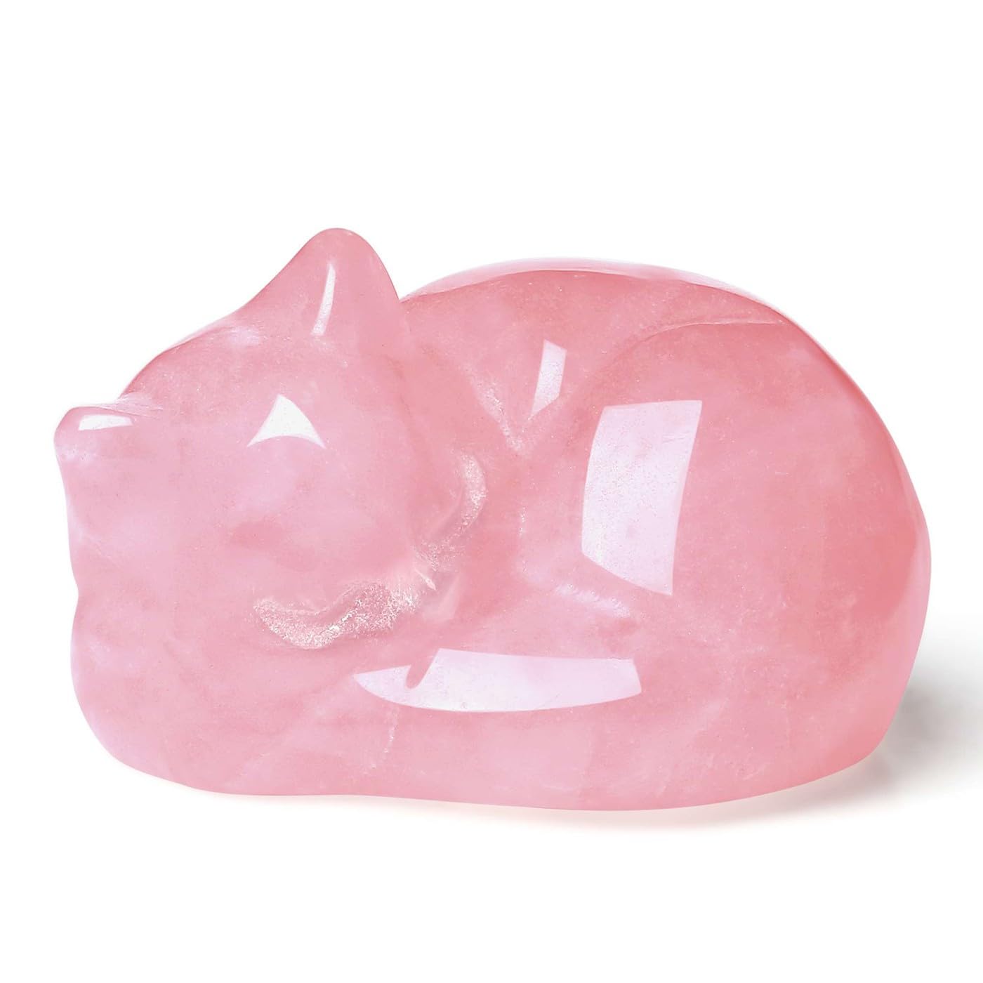 LAIDANLA Sleeping Cat Statue Pink Rose Quartz Healing Gemstone Hand Carved Cute Kitten Statue Figurine 1.6 Decor Polished Stone 