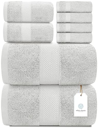 White Classic Luxury Silver Bath Towel Set - Combed Cotton Hotel Quality Absorbent 8 Piece Towels | 2 Bath Towels | 2 Hand Towel