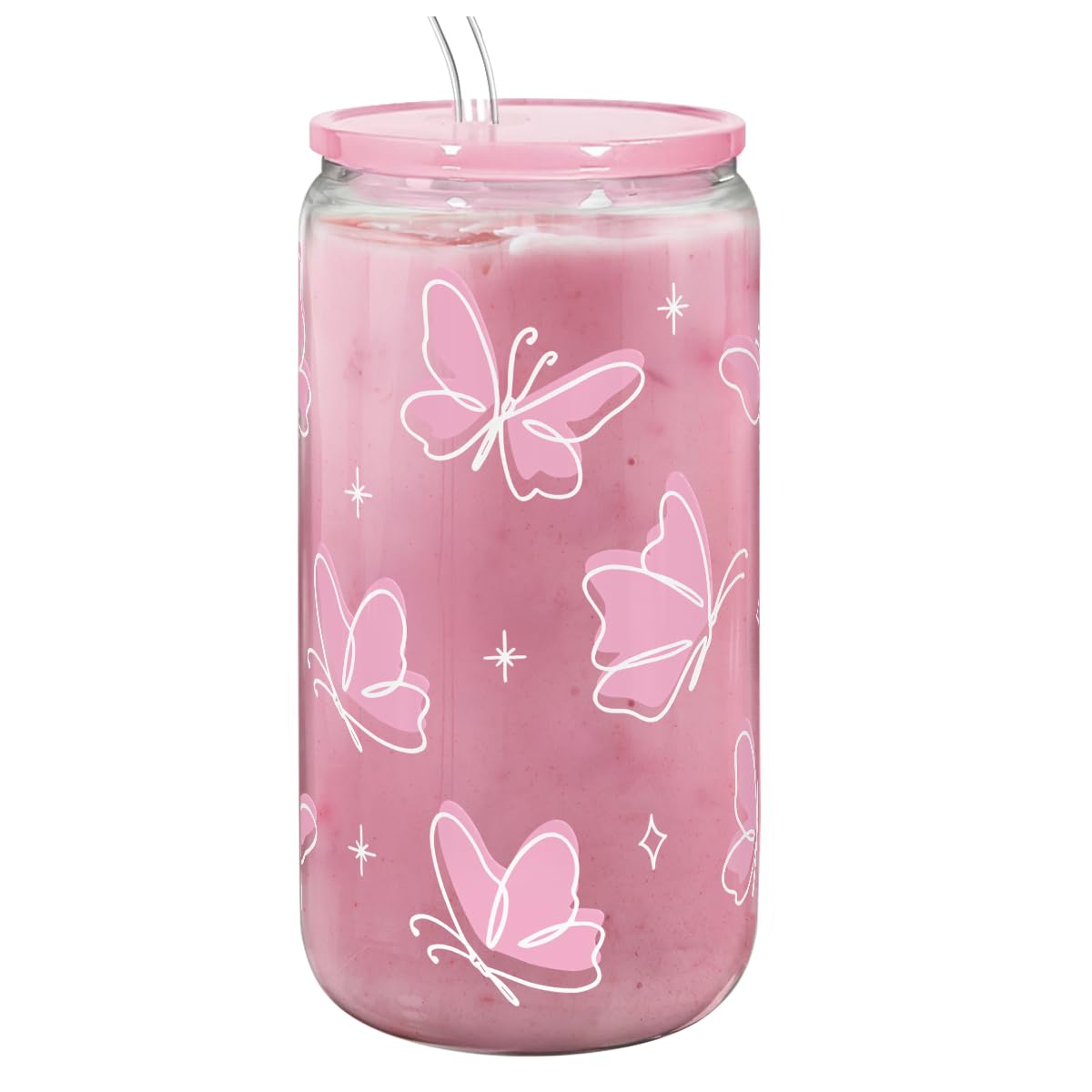 Butterfly 16 Oz Can Glass Tumbler with Acrylic Lid and Straw - Iced Coffee Cups for Women, Aesthetic Glass Cup Gift for Birthday
