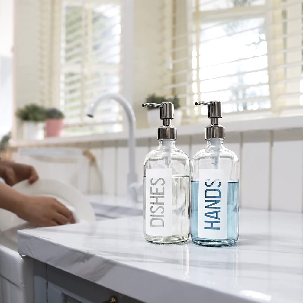 Jasai 2Pack 18Oz Glass Soap Dispenser With Rustproof 304 Stainless Steel Pump, Kitchen Soap Dispenser With Hands & Dishes Label,