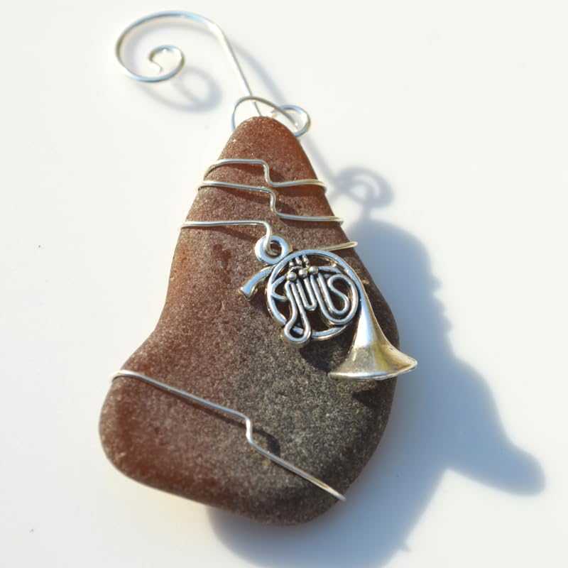 Silver French Horn Charm on a Genuine Brown Sea Glass Ornament - Made to Order