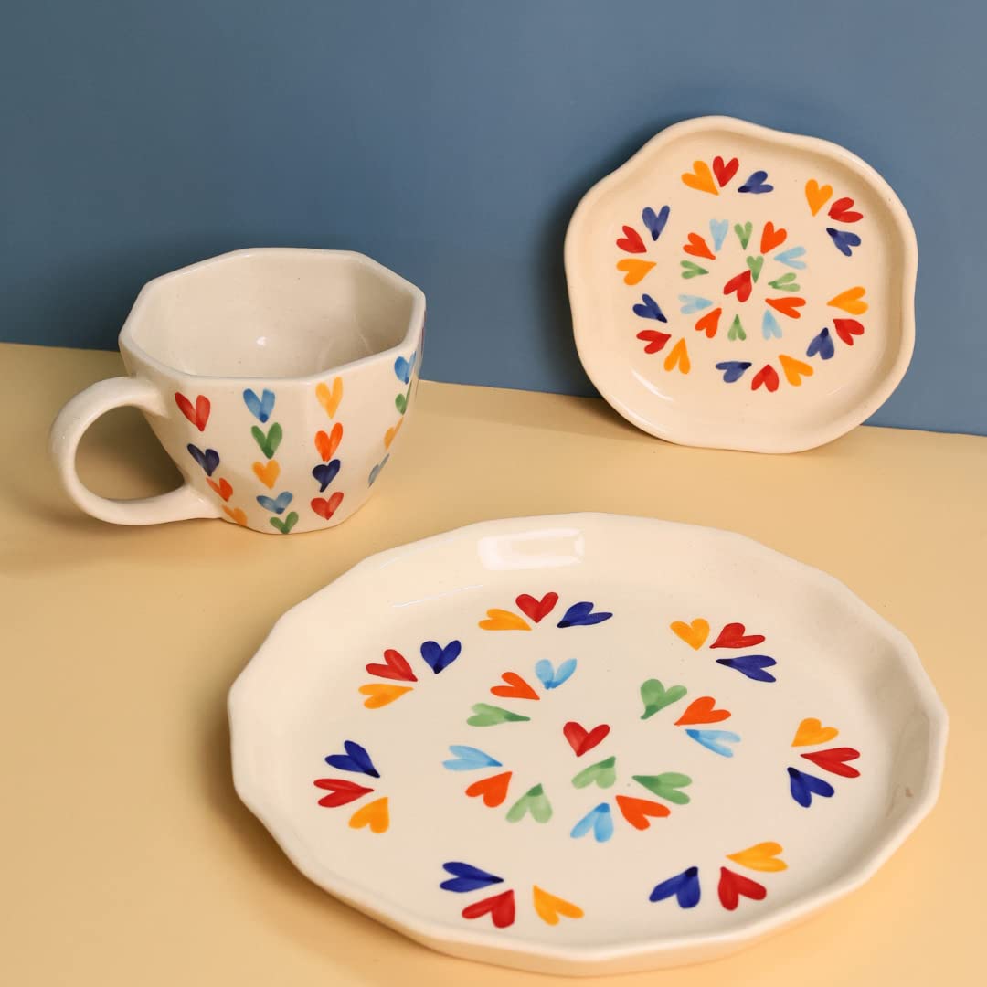 Weaving Homes Handcrafted Ceramic #Loveislove Coffee Mug, Snack & Dessert Plates - Set Of Three, Ceramic Mug & Plate, Serveware,