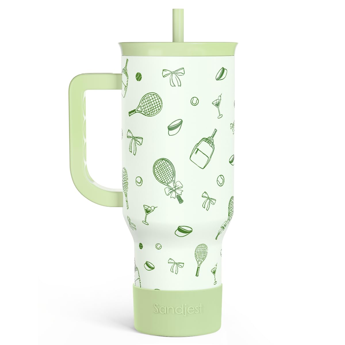 Sandjest Tennis 40Oz Tumbler With Handle And Straw, Insulated Stainless Steel Travel Coffee Mug For Women Girls Tennis Players, 