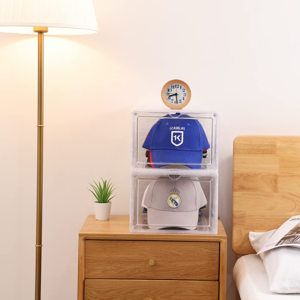 Hat Organizer For Baseball Caps,Set Of 6, Transparent Hat Storage Box, Hat Holder With Clear Magnetic Door, Stackable Hat Rack,