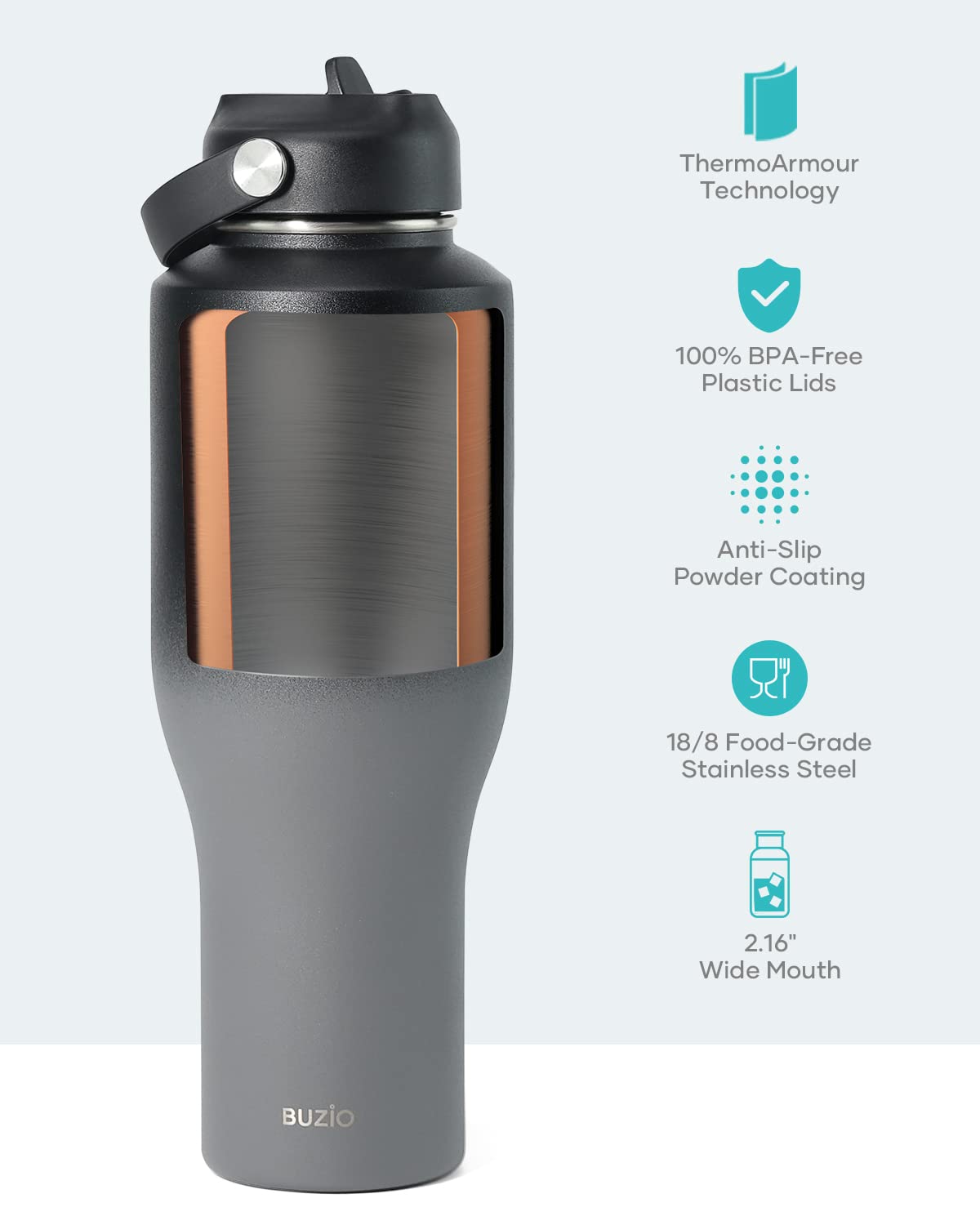 Buzio 40 Oz Insulated Water Bottle Tumbler With Straw And Lids (2 Lids), 40Oz Stainless Steel Water Bottles Fits In Any Car Cup