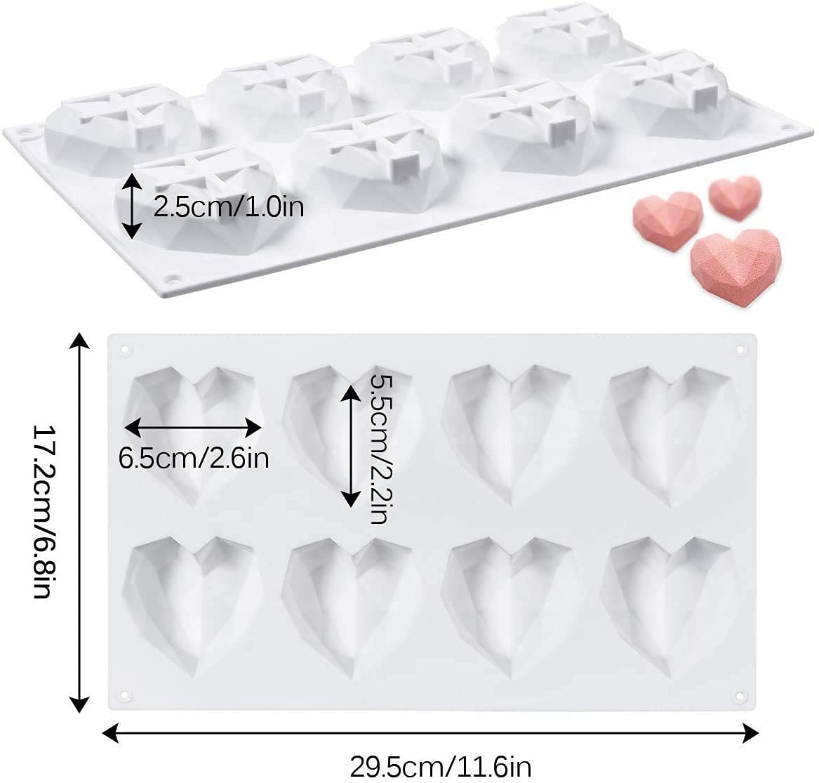 Bamutu 3D Diamond Love Heart Mousse Silicone Chocolate Mould 2Pcs 8-Cavity Heart Shape Chocolate Candy Jelly Mold Baking Pan Mol