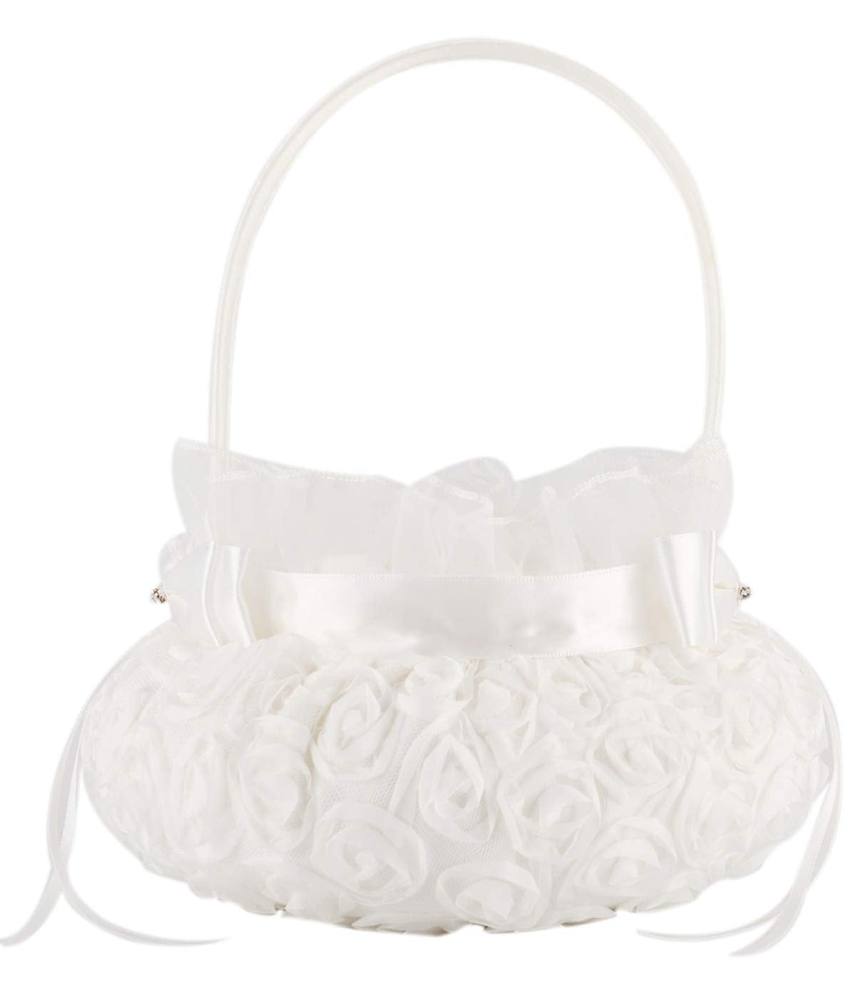he andi Bowknot Silk Cloth Wedding Ceremony Party Rose Flower Girl Basket (White) (White, 5 inches)