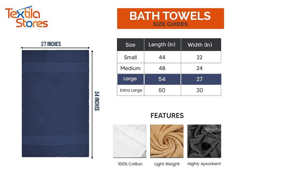 Textila 100% Cotton Large Bath Towels - 27X54 (4-Pack, Navy Blue) - Highly Absorbent, Super Soft, And Luxurious For Bathroom, Po