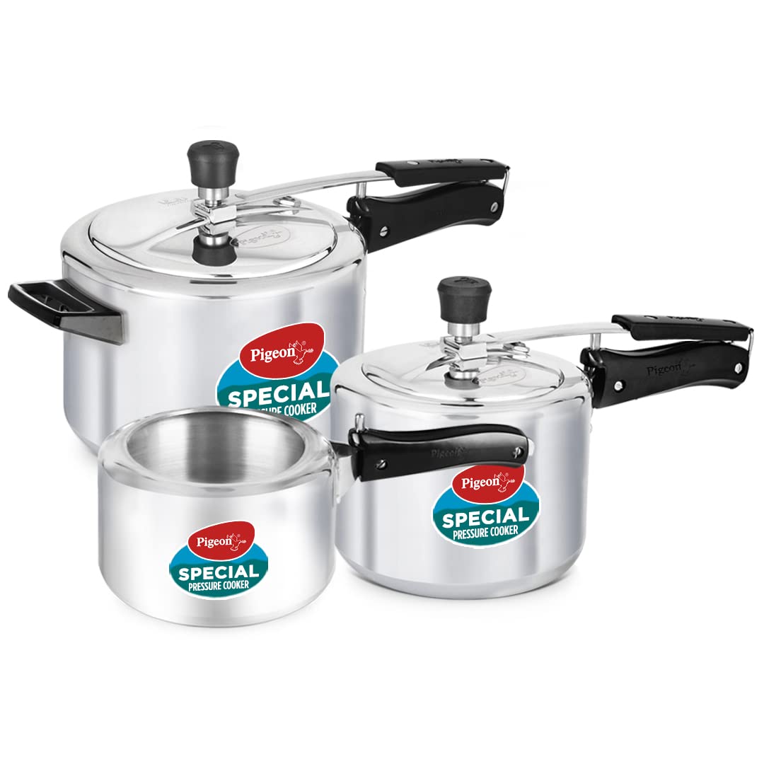 Pigeon By Stovekraft 2+3+5 Litre Combo Special Aluminium Inner Lid Non-Induction Base Pressure Cooker (Silver) Bis Certified,Com