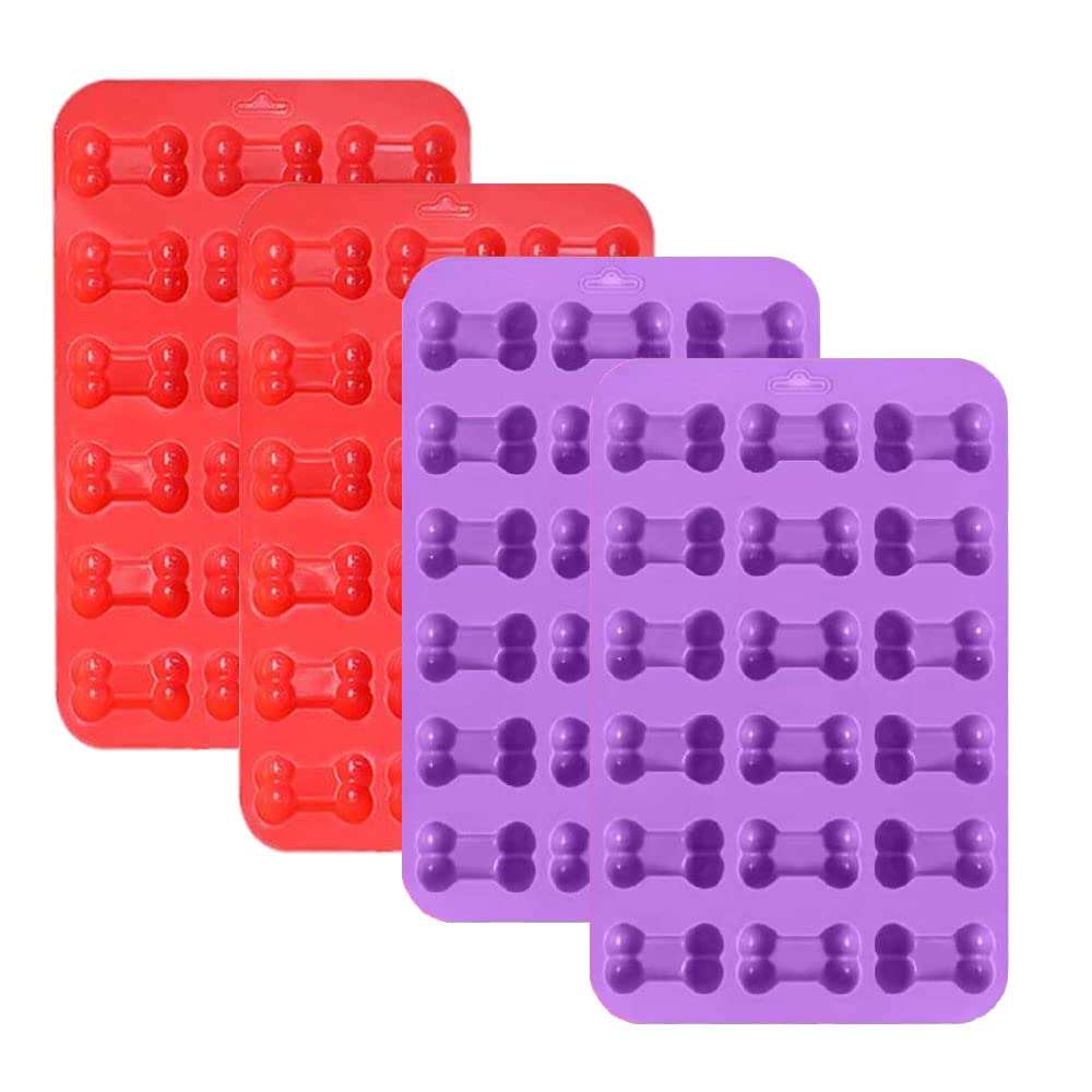 Pivhwir Bone Silicone Molds, Food Grade Non-Stick Silicone Molds For Chocolate, Candy, Dog Treats, Jelly, Ice Cube (4 Pcs, Red+P