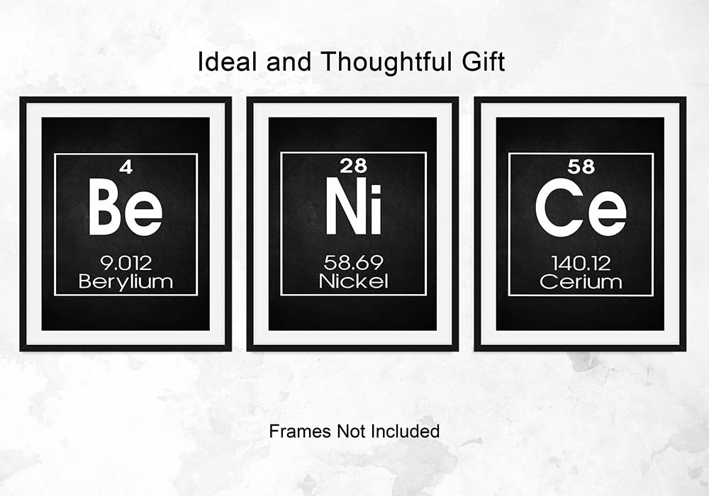 Be Nice Periodic Table Of Elements Print, Set Of Three 8X10 Unframed Funny Science Poster Chemistry Art Classroom Lab Bar Decor